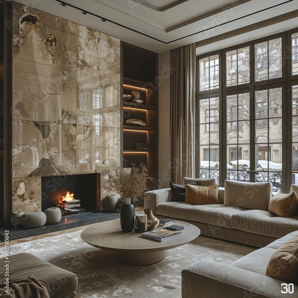 Fototapeta HIGH CEILING LOFT LIVING ROOM background fireplace  in luxury apartment with a lot of light from the clear glass windows neutral color and brown stone theme