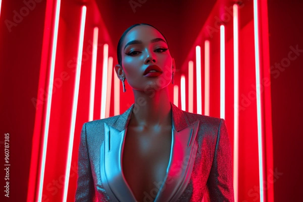 Obraz Stylish Woman Sporting High Tech Silver Suit with Solid Neon Red Details, Featured in a Modern Lifestyle Portrait