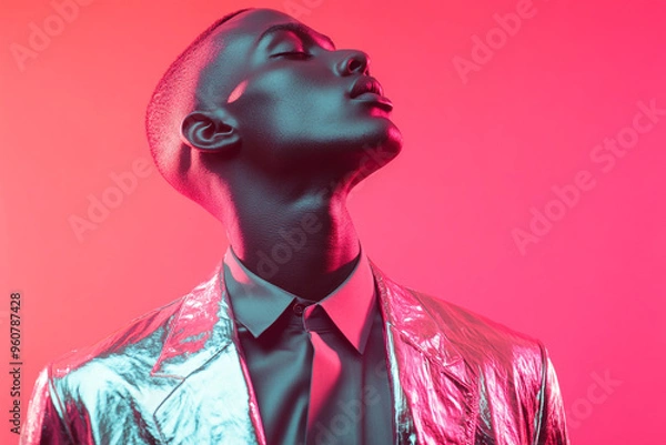 Obraz Elegant Man Sporting Metallic Silver Suit with Solid Neon Pink Accents, Shown in a Trendy Lifestyle Portrait