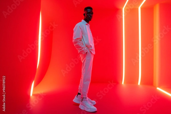 Obraz Men Sporting White High Top Sneakers with Solid Neon Red Accents, Captured in a Trendy Lifestyle Portrait