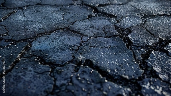 Fototapeta Cracked pavement with water puddles reflecting light during early morning in a quiet urban area