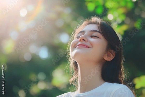 Fototapeta Happy, woman and face in nature for thinking, positive mindset and carefree with mockup space