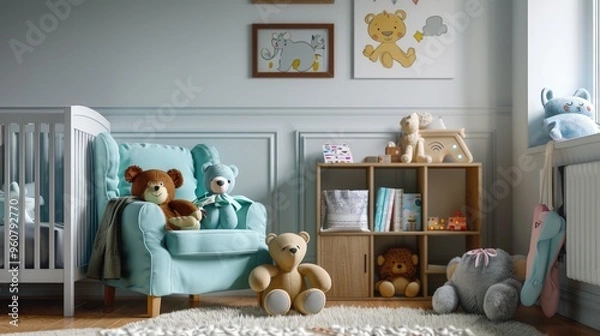 Fototapeta Playful and Stylish Kid's Room with Plush Toys and Mint Armchair