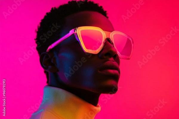Obraz Men in Holographic Sunglasses with Neon Pink Accents, Captured in a Modern Lifestyle Portrait