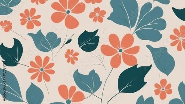 Fototapeta A seamless pattern featuring coral flowers and teal leaves on a light background.