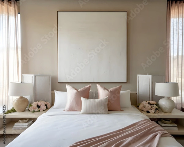 Fototapeta Minimalist Bedroom Decor with Blank Canvas and Neutral Tones
