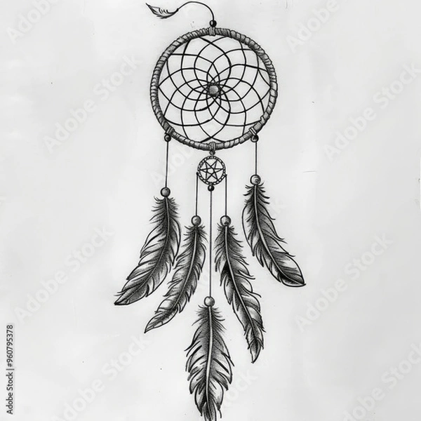 Fototapeta dream, catcher, dreamcatcher, tattoo, vector, illustration, tribal, art, pattern, design, decoration, symbol, black, ornament, flower, skull, floral, vintage, antique, heraldic, element, drawing