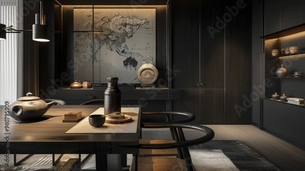 Fototapeta Sleek Black Dining: Modern Dining Room with Design Wooden Table and Elegant Accessories