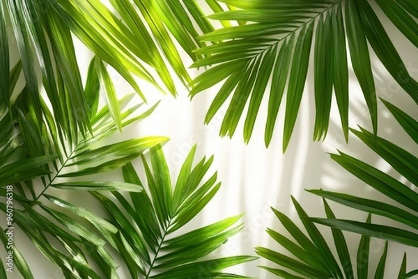 Fototapeta Large green palm leaves overlapping on a light background for a tropical, exotic feel 