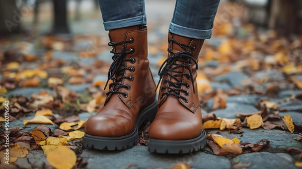 Fototapeta Closeup of brown leather boots on a stone path with fallen leaves.