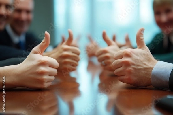 Fototapeta Meeting, group and thumbs up in negotiation