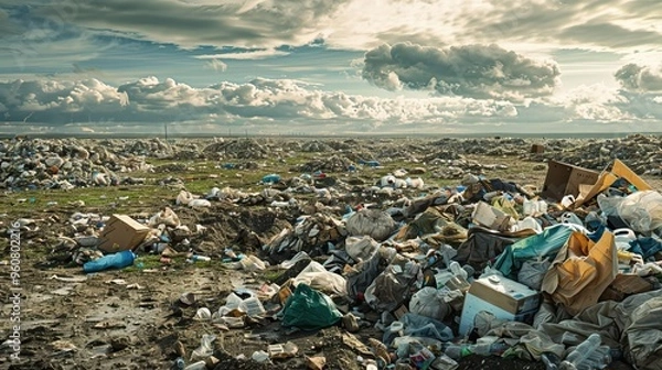 Fototapeta Vast Landfill Stretching Across the Horizon Filled with Plastic and Waste Under a Cloudy Sky