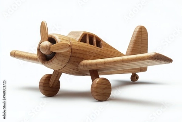 Fototapeta Wooden toy airplane with propeller, wheels and tail isolated on white background.