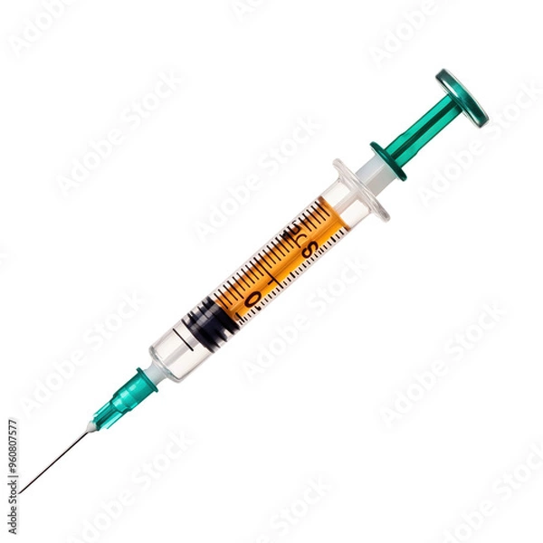 Fototapeta Close-up of a medical syringe filled with orange liquid, isolated on transparent or white background.