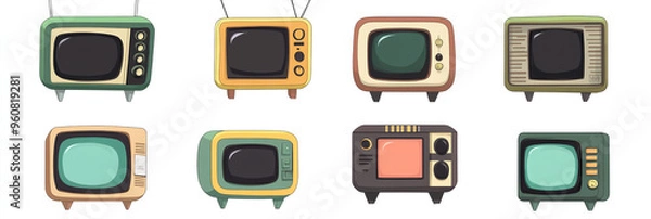 Obraz A collection of retro television designs showcasing vintage styles and colors, perfect for nostalgic themes or creative projects.