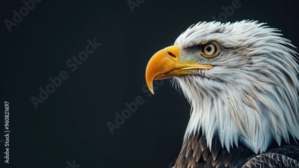 Fototapeta Close-up of majestic bald eagle against dark background, showcasing detailed plumage and sharp beak