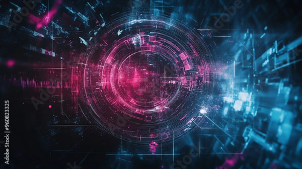 Fototapeta Abstract digital technology background with vibrant colors, showcasing modern design and futuristic elements intertwined in a circular pattern.
