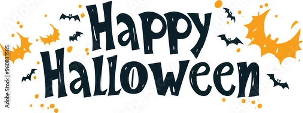 Fototapeta Happy Halloween vector text banner on a transparent background. Featuring black bats, witch and cobwebs suitable for placing over Halloween cards, social media and poster designs.