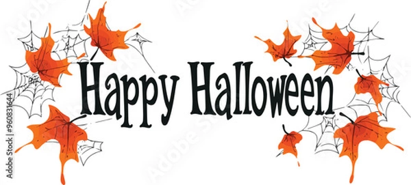 Fototapeta Happy Halloween vector text banner on a transparent background. Featuring black bats, witch and cobwebs suitable for placing over Halloween cards, social media and poster designs.
