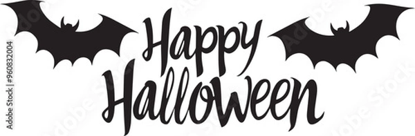 Fototapeta Happy Halloween vector text banner on a transparent background. Featuring black bats, witch and cobwebs suitable for placing over Halloween cards, social media and poster designs.