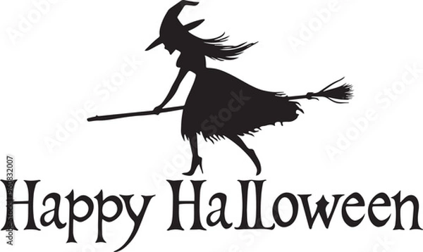 Fototapeta Happy Halloween vector text banner on a transparent background. Featuring black bats, witch and cobwebs suitable for placing over Halloween cards, social media and poster designs.