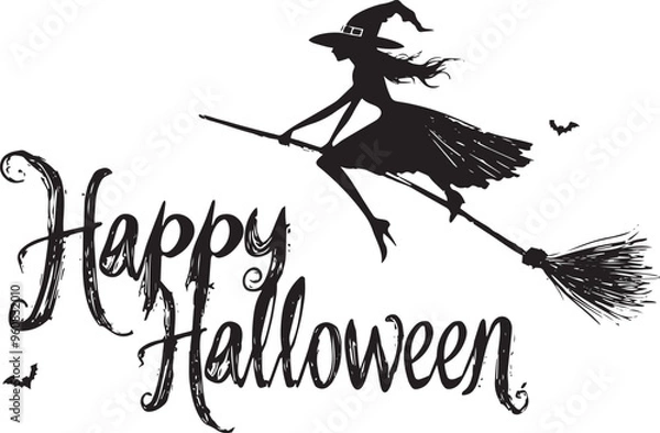 Fototapeta Happy Halloween vector text banner on a transparent background. Featuring black bats, witch and cobwebs suitable for placing over Halloween cards, social media and poster designs.