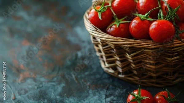 Fototapeta Fresh tomatoes in wicker basket on rustic surface