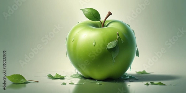 Fototapeta A green apple with a leaf, on a white background