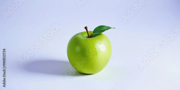 Fototapeta A green apple with a leaf, on a white background
