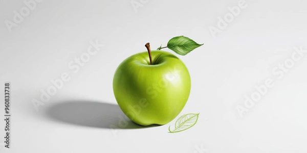 Fototapeta A green apple with a leaf, on a white background