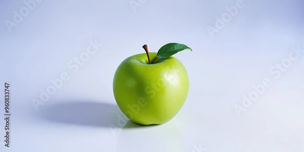 Fototapeta A green apple with a leaf, on a white background