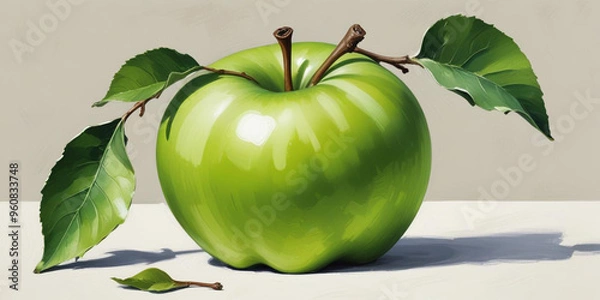 Fototapeta A green apple with a leaf, on a white background