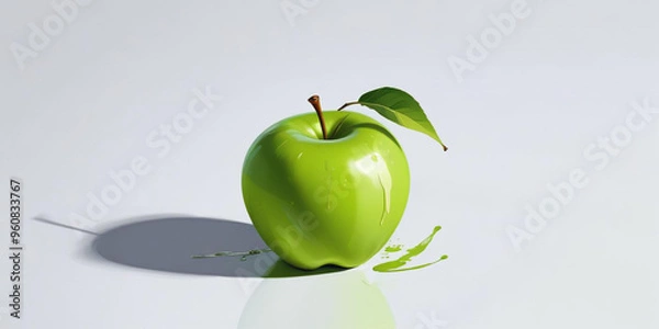 Fototapeta A green apple with a leaf, on a white background