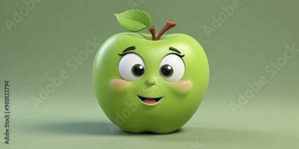 Fototapeta A green apple with a leaf, on a white background