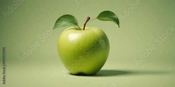 Fototapeta A green apple with a leaf, on a white background
