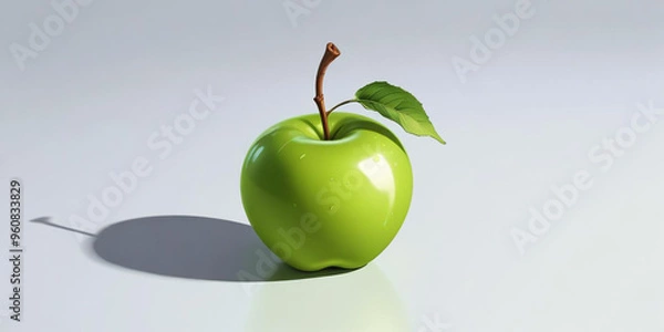 Fototapeta A green apple with a leaf, on a white background