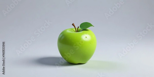 Fototapeta A green apple with a leaf, on a white background