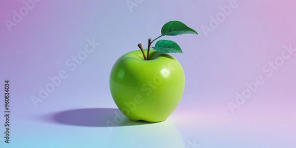 Fototapeta A green apple with a leaf, on a white background