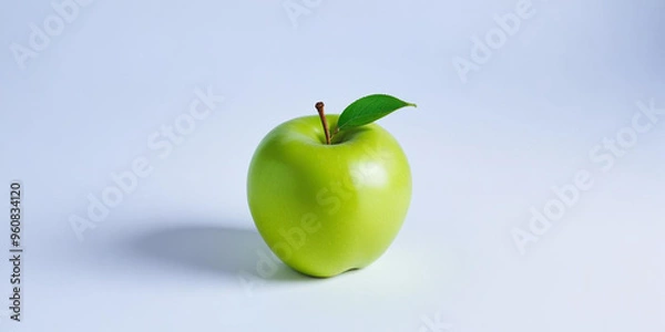 Fototapeta A green apple with a leaf, on a white background