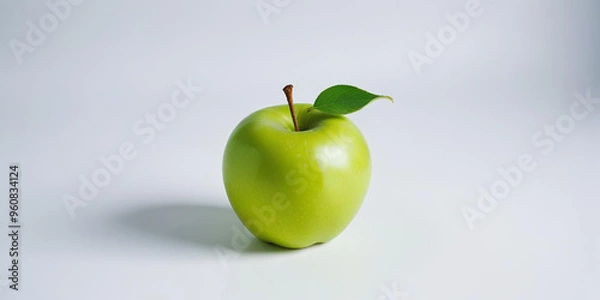 Fototapeta A green apple with a leaf, on a white background