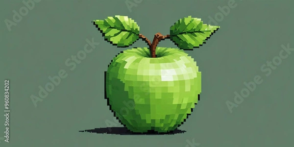 Fototapeta A green apple with a leaf, on a white background