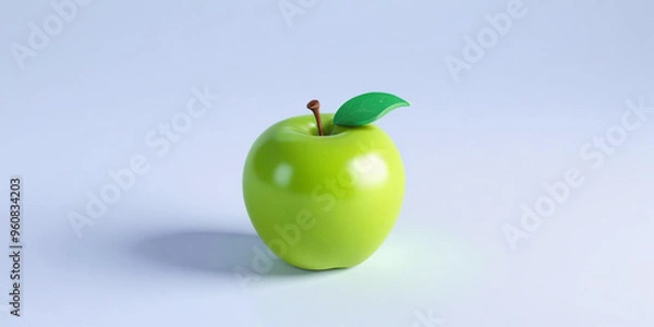 Fototapeta A green apple with a leaf, on a white background