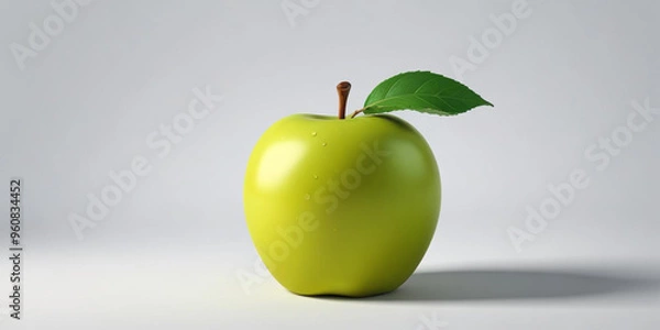 Fototapeta A green apple with a leaf, on a white background