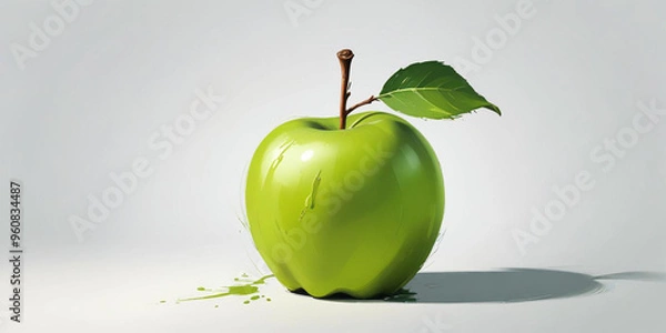 Fototapeta A green apple with a leaf, on a white background