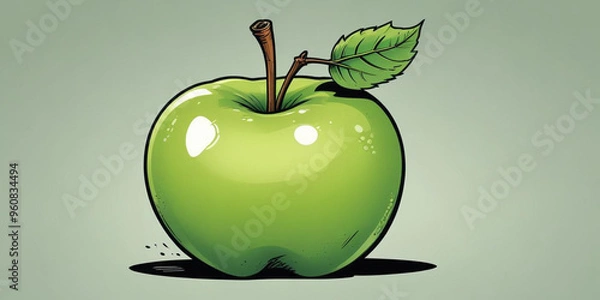 Fototapeta A green apple with a leaf, on a white background