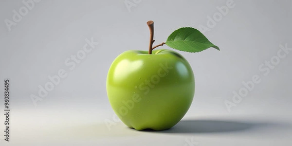 Fototapeta A green apple with a leaf, on a white background 