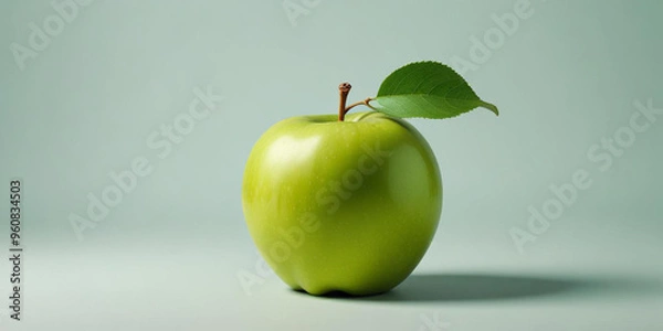 Fototapeta A green apple with a leaf, on a white background 