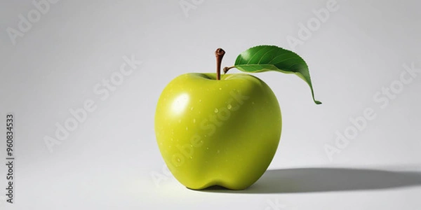 Fototapeta A green apple with a leaf, on a white background 