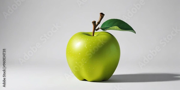 Fototapeta A green apple with a leaf, on a white background 