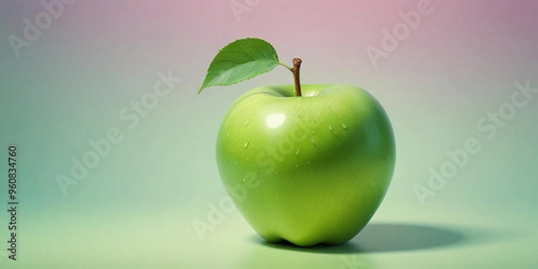 Fototapeta A green apple with a leaf, on a white background 